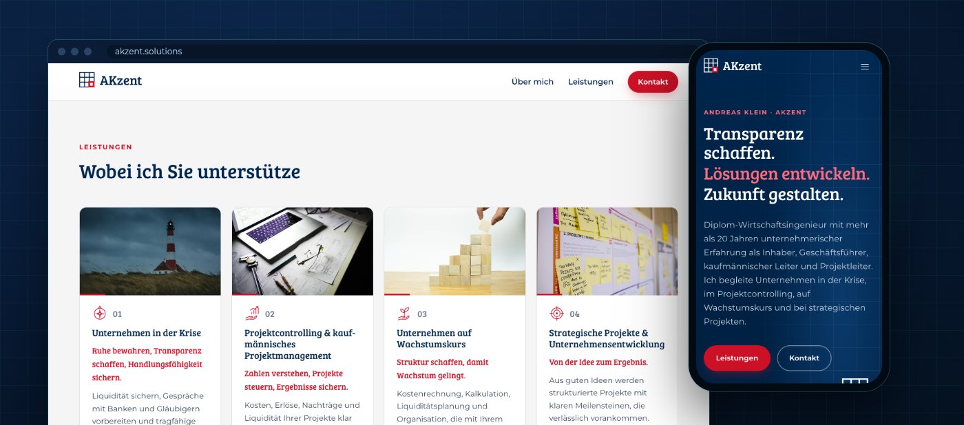 akzent.solutions auf Desktop und Handy: Leistungsübersicht und Startseite